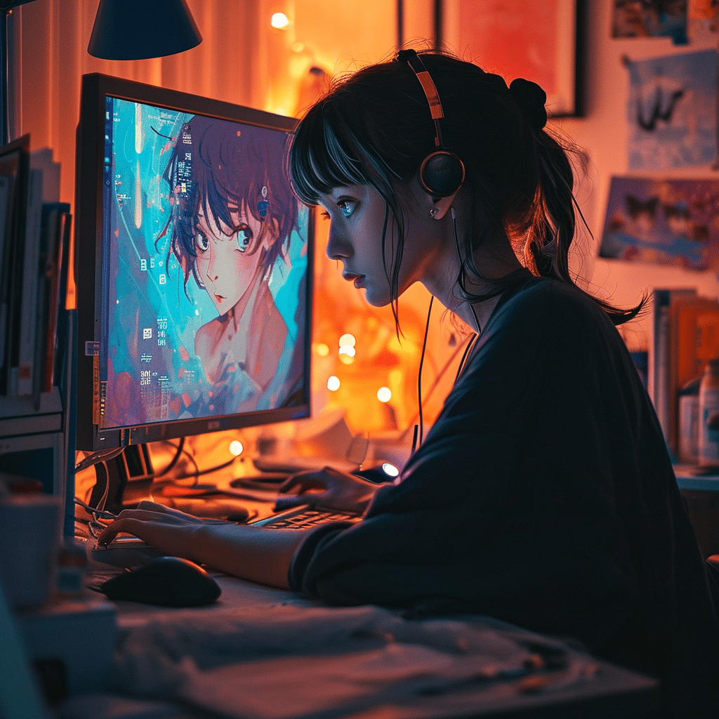 girl creating AI anime art on computer