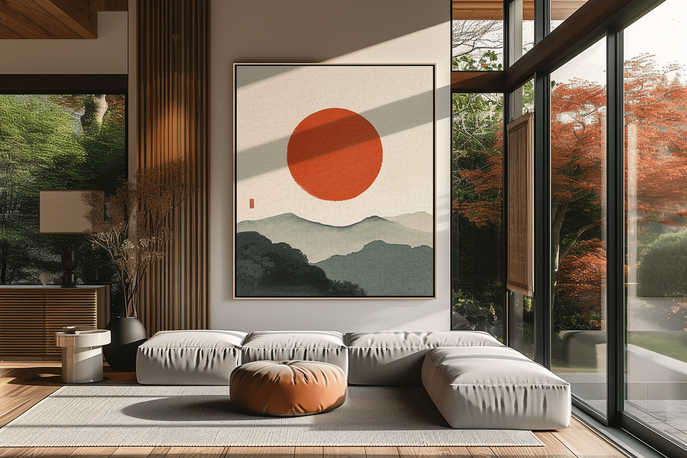 living room with sun wall  art for Etsy painting